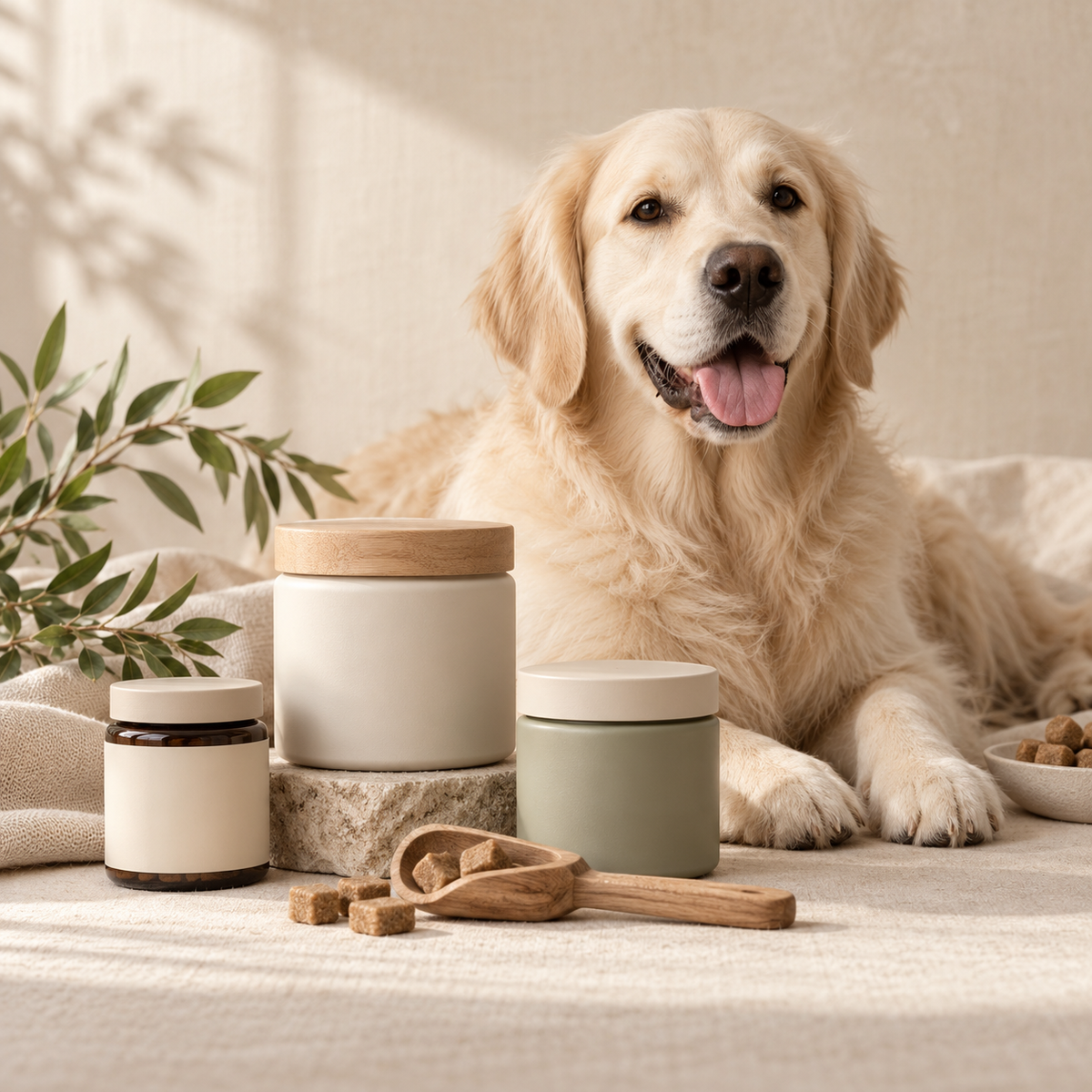 Dog beside neutral supplement jars for the Pawthentic Feel-Good Wellness collection