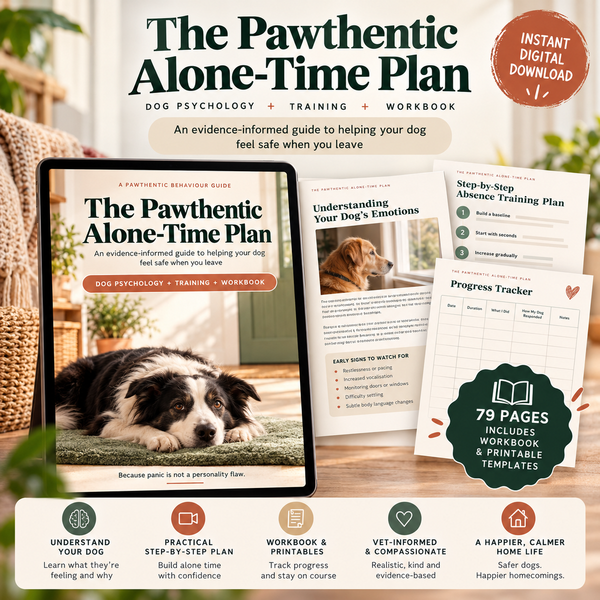 Pawthentic Alone-Time Plan, 79-page digital dog separation anxiety guide with training plan and printable workbook
